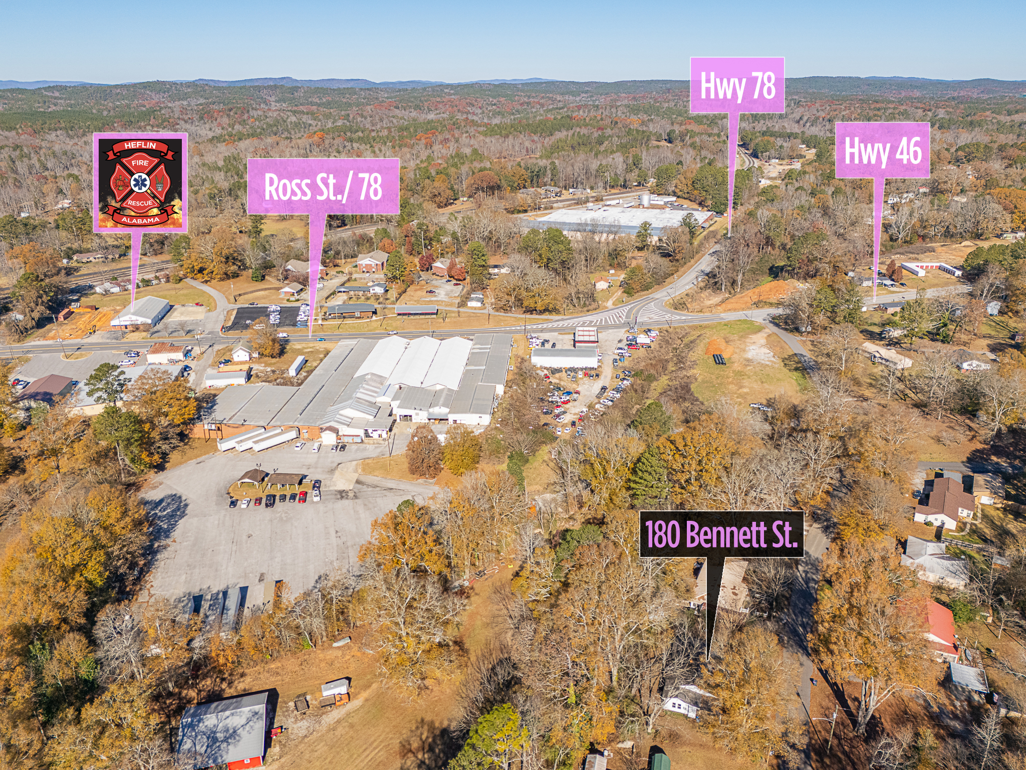 drone shot with text overlay of businesses and roads